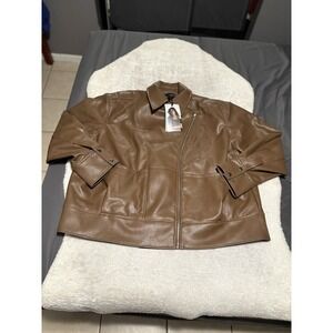 Ashley Graham Brown Faux Leather Moto Jacket Womens 3X Asymmetric Zip $240